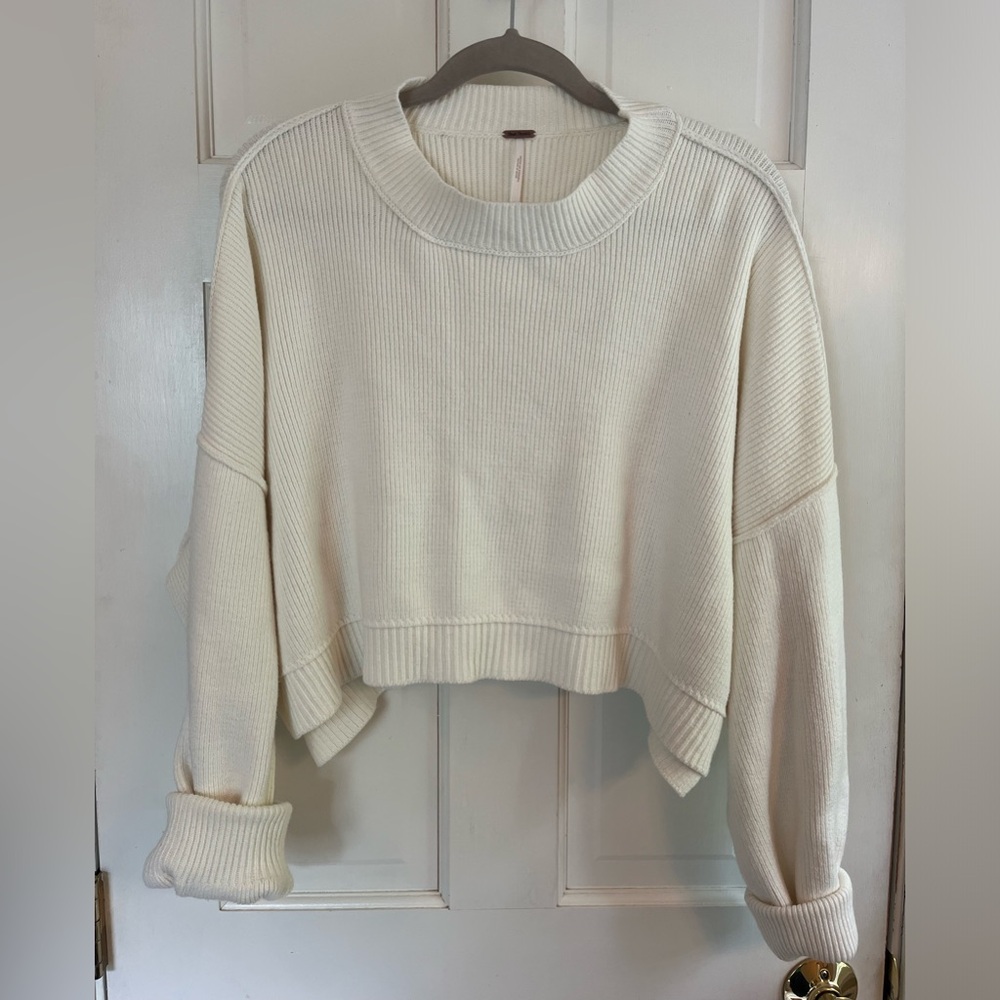 Free People Cream Crew Neck Cropped Sweater